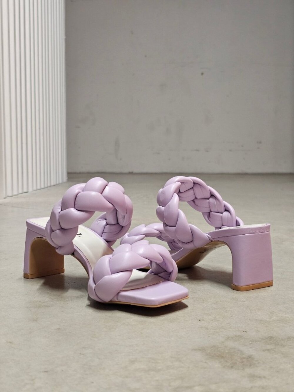 Braided Strap Lilac Block Heel Sandals For Women Square Toe Design With Faux Lea